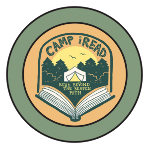 Logo for Camp iRead featuring an open book and a camping tent.