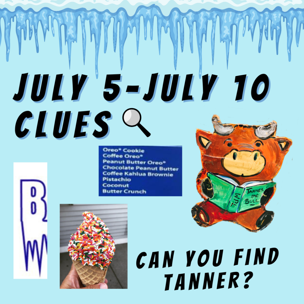 Clues for Tanner's location for the week of July 5 to July 10, including a B from a logo with icicles. an ice cream cone with rainbow sprinkles, and a list of flavors like Pistachio, Oreo Cookie, and Butter Crunch