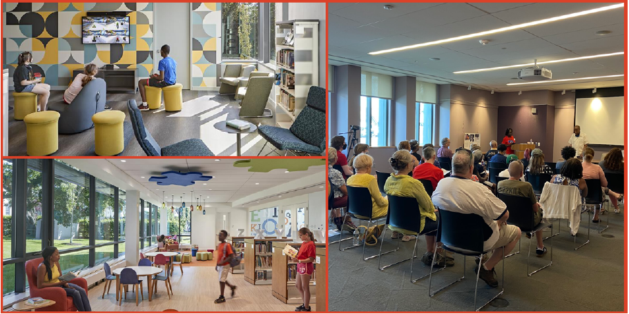 Patrons using the Woburn Public Library Spaces