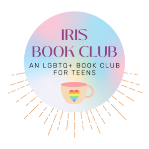 The logo of the Iris Book Club is a coffee mug with a rainbow heart in it.