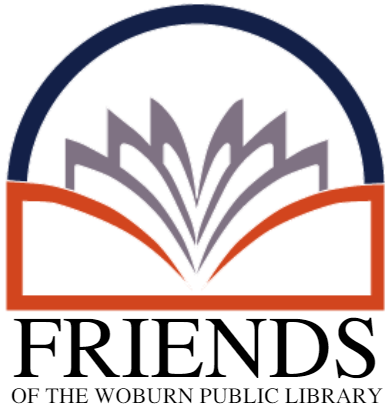 Friends of the Woburn Public Library logo featuring an open book with gray outline pages, orange outline cover, and a navy arch.